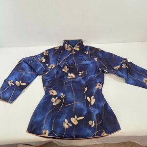Chinese Asian Blue Floral Blouse Vintage Size XS/X